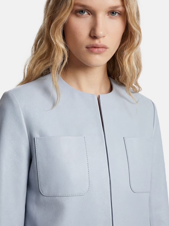 SELVANE Celeste lambskin cropped jacket in Glacier Veil, featuring architectural precision and a refined silhouette.