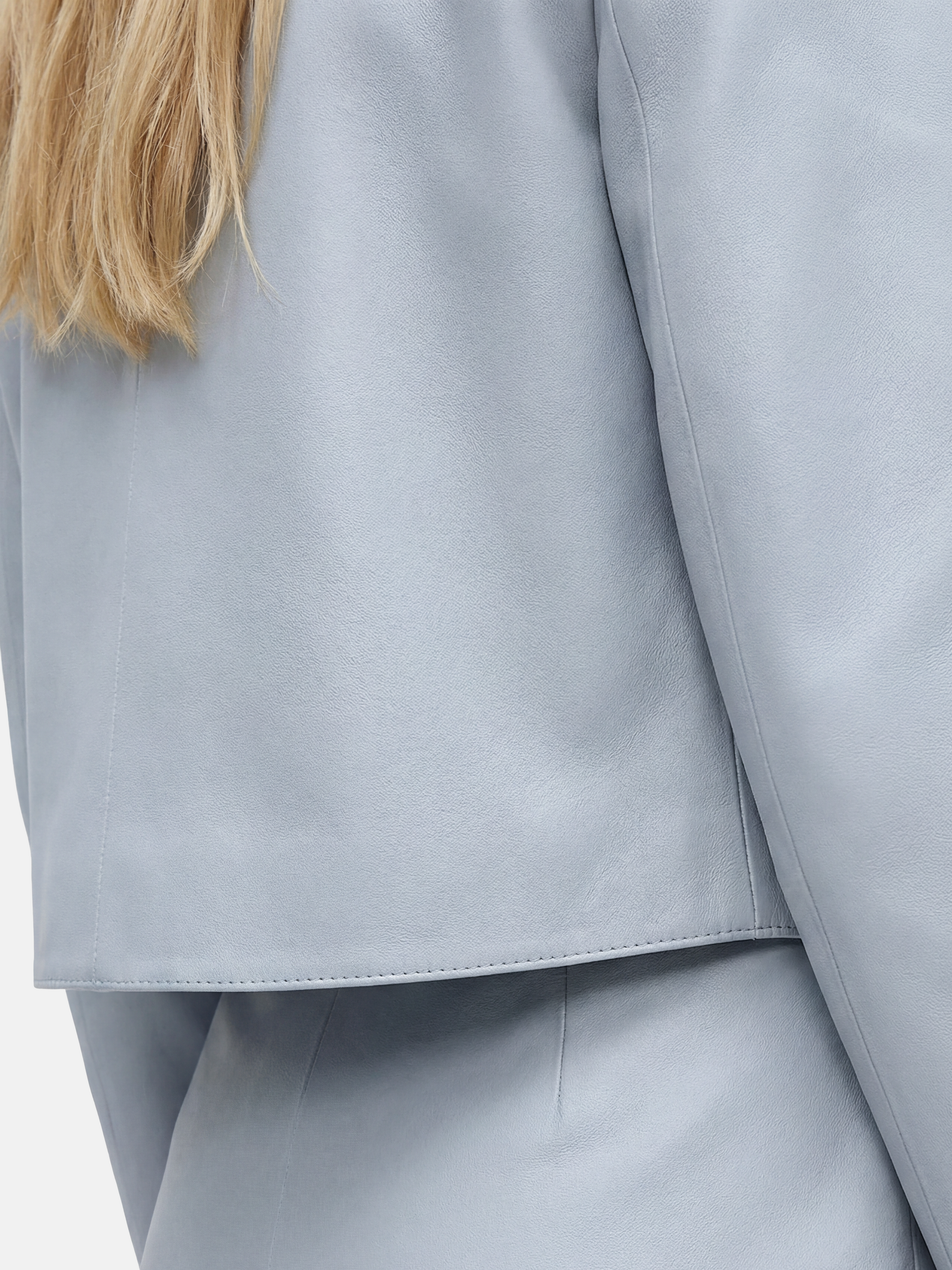 SELVANE Celeste lambskin cropped jacket in Glacier Veil, featuring architectural precision and a refined silhouette.