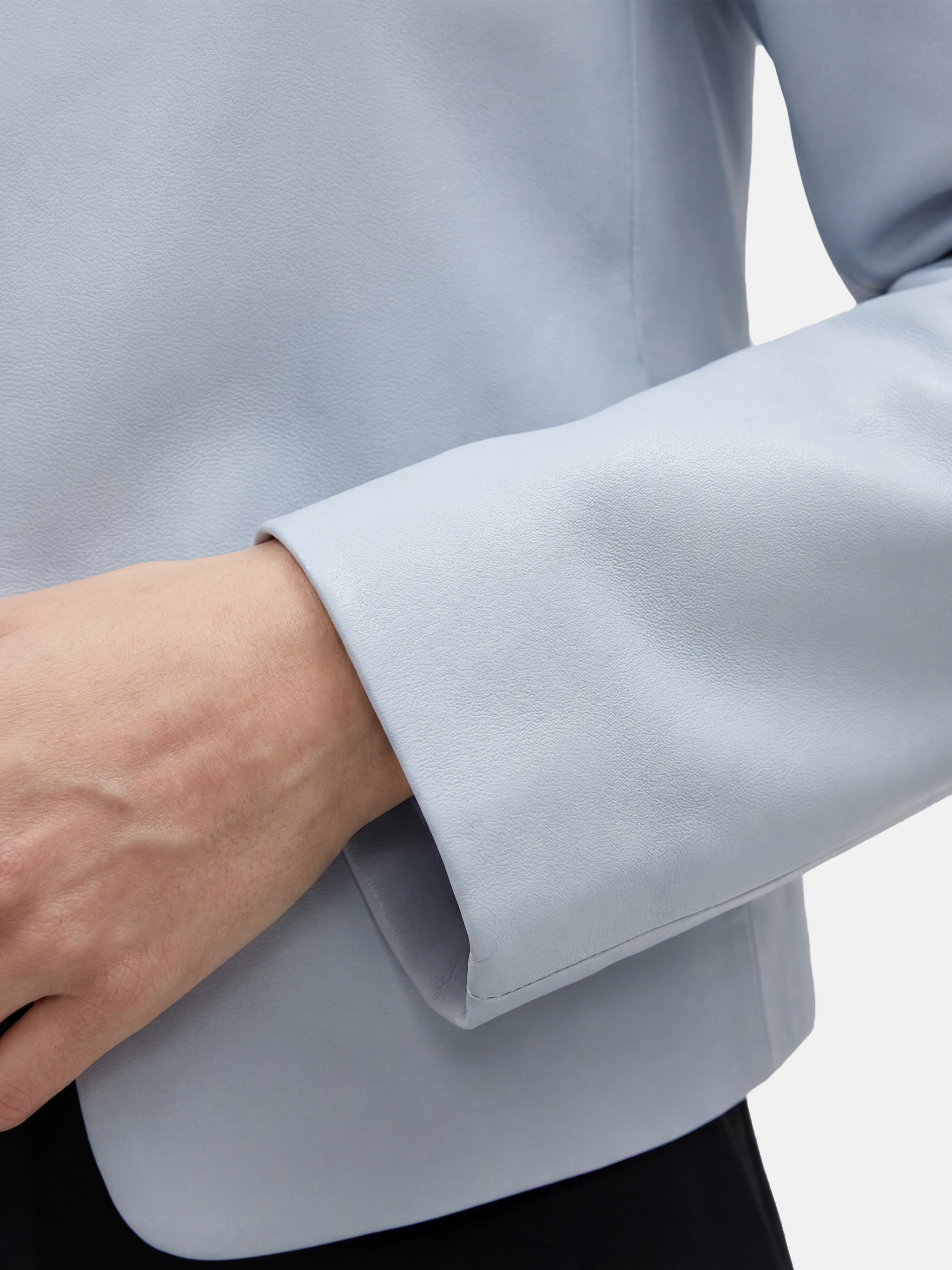 SELVANE Celeste lambskin cropped jacket in Glacier Veil, featuring architectural precision and a refined silhouette.