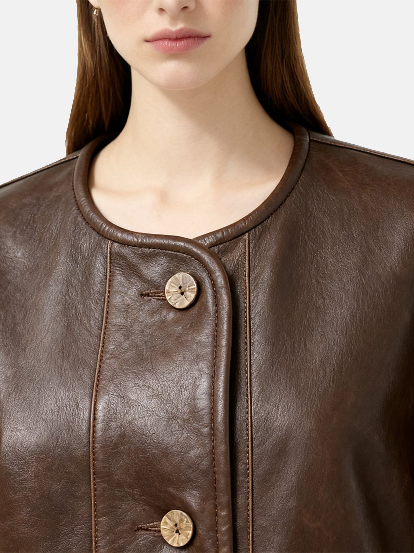 SELVANE brown lambskin crew-neck jacket with softened volume and drawstring hem, showcasing clean lines and supple texture.