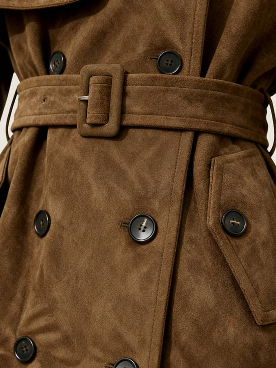 SELVANE coffee-toned double-breasted trench coat with oversized collar and belted waist, showcasing tailored lines.