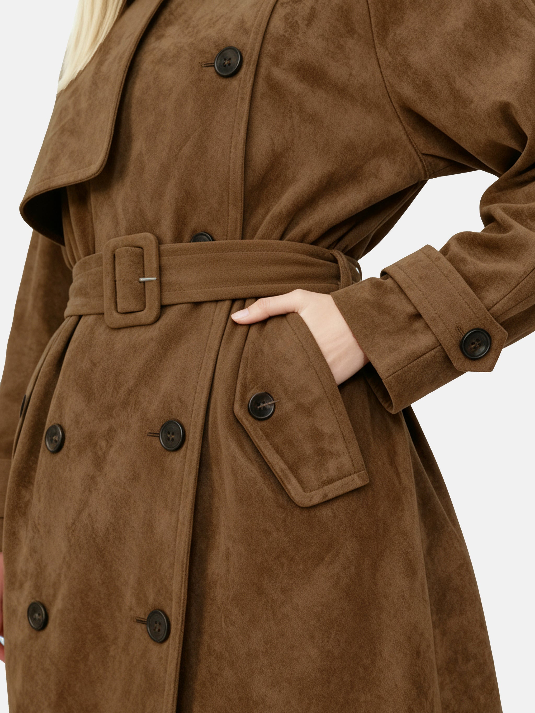 SELVANE coffee-toned double-breasted trench coat with oversized collar and belted waist, showcasing tailored lines.