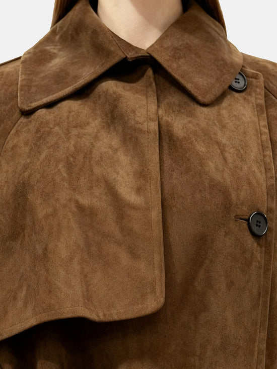 SELVANE coffee-toned double-breasted trench coat with oversized collar and belted waist, showcasing tailored lines.