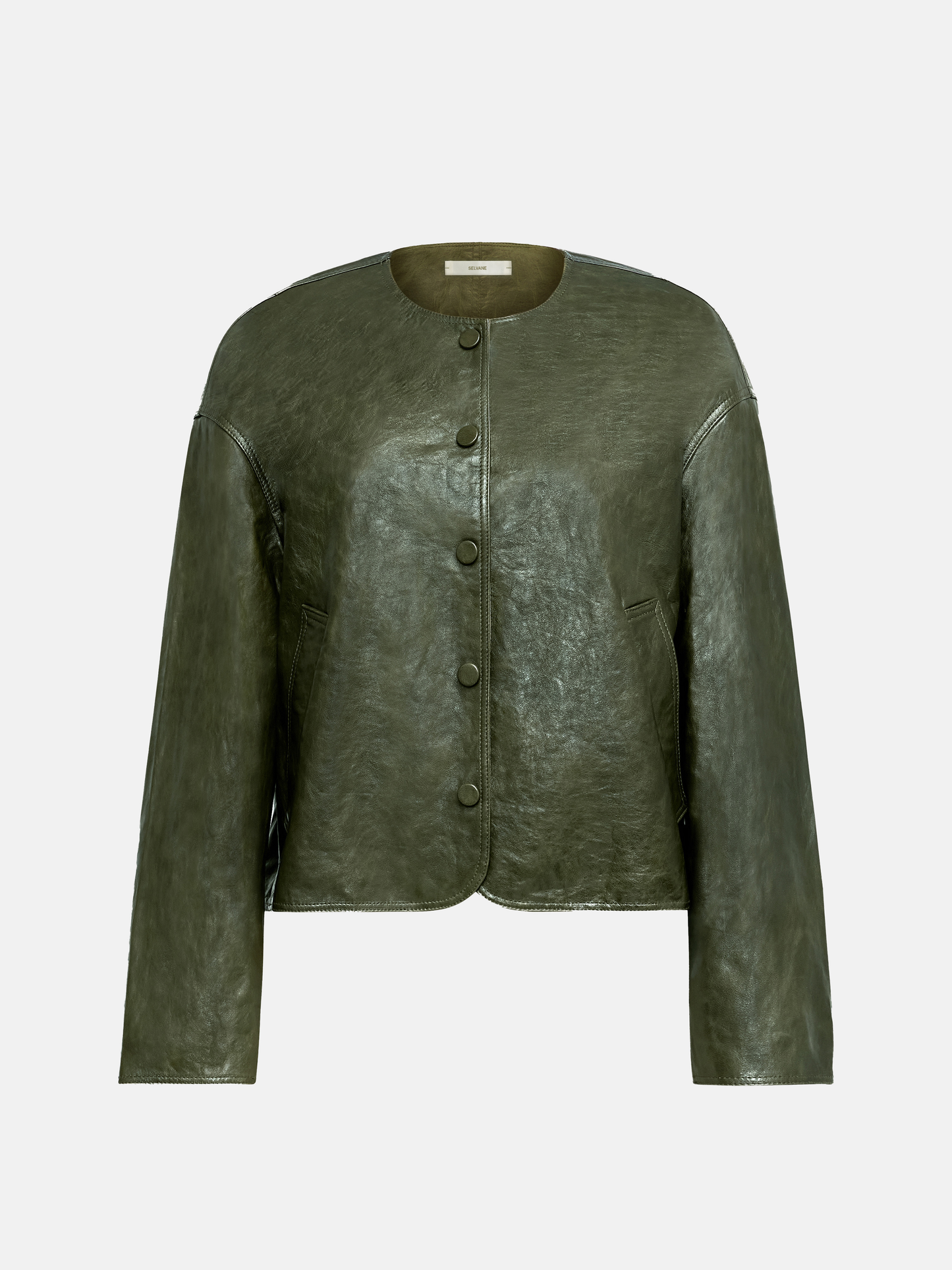 SELVANE Crew-Neck Lambskin Button Jacket — view 8, showcasing material texture and silhouette detail