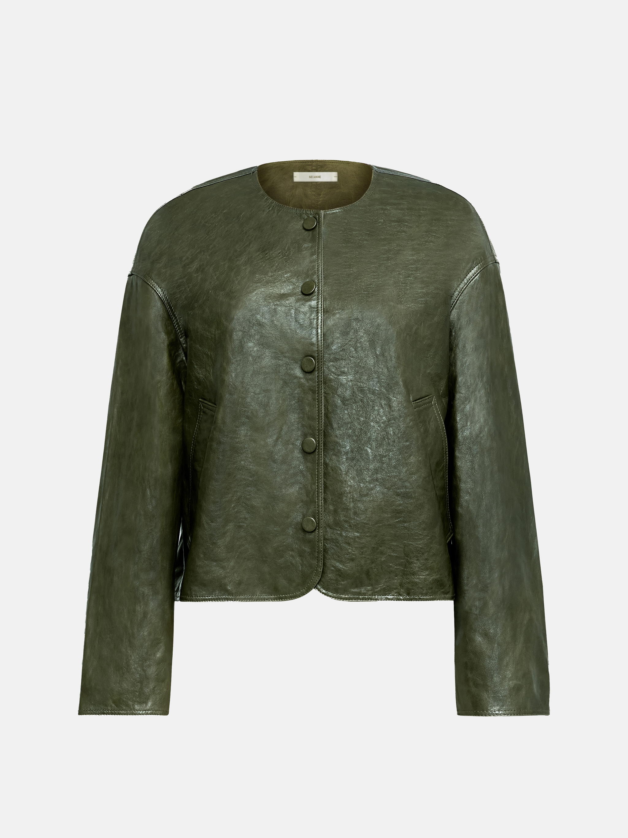 SELVANE Crew-Neck Lambskin Button Jacket — view 8, showcasing material texture and silhouette detail