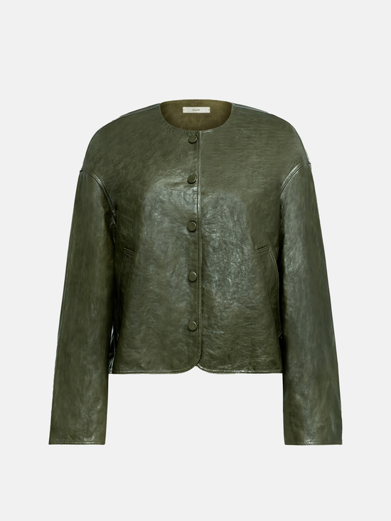 SELVANE Crew-Neck Lambskin Button Jacket — view 8, showcasing material texture and silhouette detail