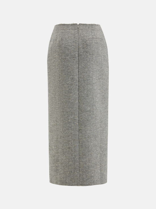 Cropped blazer and wrap midi skirt set in grey, featuring disciplined shoulders and fluid lines, inspired by volcanic terrain.