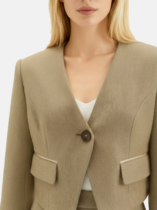 SELVANE Tailored Linen Suit Set in apricot, featuring a cleanly cut jacket and sleek skirt with a subtle metallic glint.