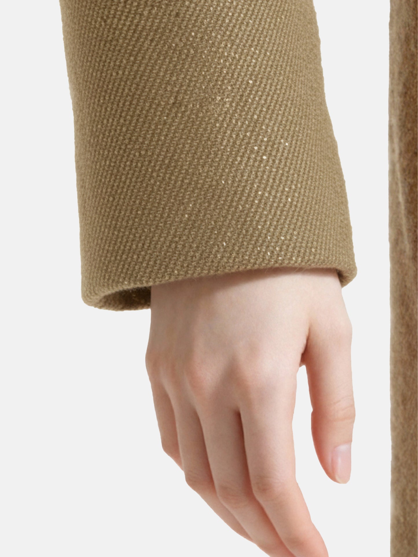 SELVANE Tailored Linen Suit Set in apricot, featuring a cleanly cut jacket and sleek skirt with a subtle metallic glint.