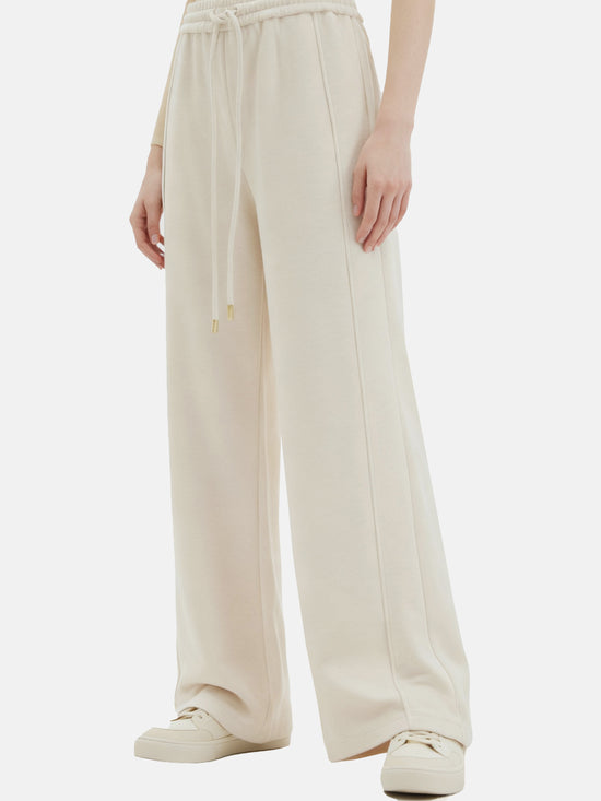 Off-white SELVANE Collared Knit Pullover and Wide-Leg Pants Set, featuring a V-neck and fluid silhouette.