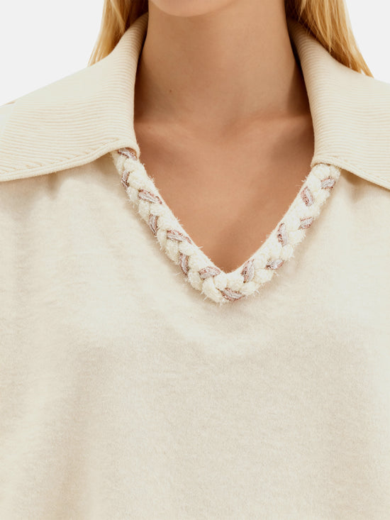 Off-white SELVANE Collared Knit Pullover and Wide-Leg Pants Set, featuring a V-neck and fluid silhouette.