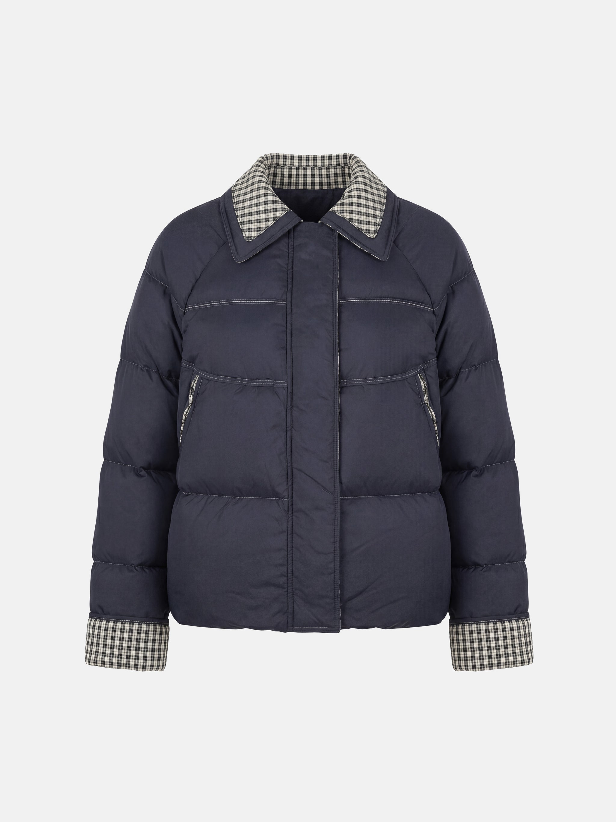 SELVANE Reversible Checker Down Jacket, boxy puffer with cropped hem, contrast check collar and cuffs, styled for urban elegance.