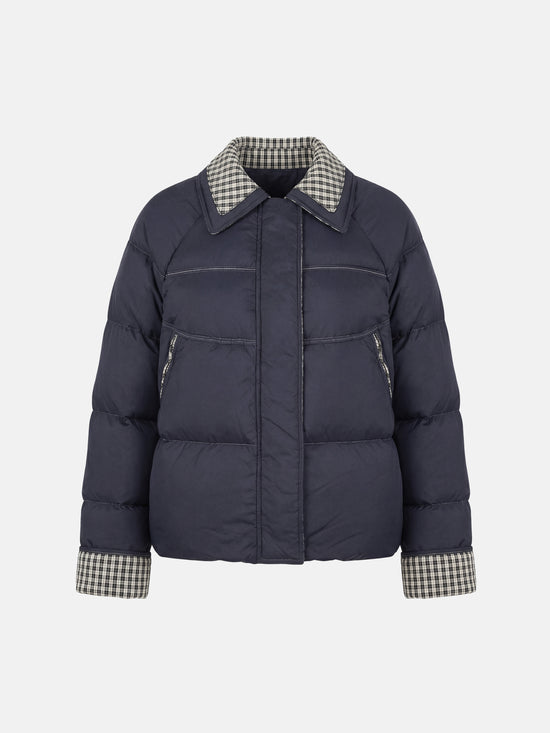SELVANE Reversible Checker Down Jacket, boxy puffer with cropped hem, contrast check collar and cuffs, styled for urban elegance.