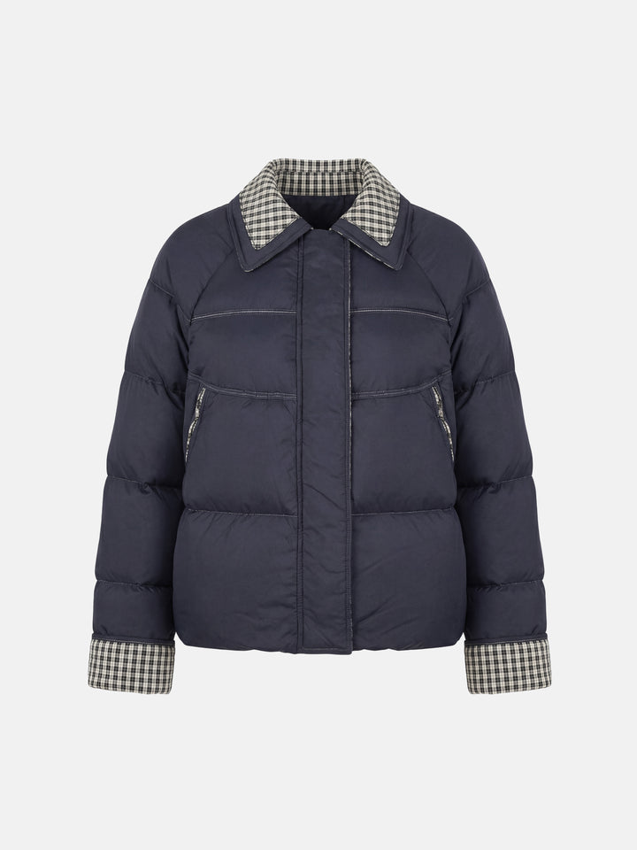 SELVANE Reversible Checker Down Jacket, boxy puffer with cropped hem, contrast check collar and cuffs, styled for urban elegance.