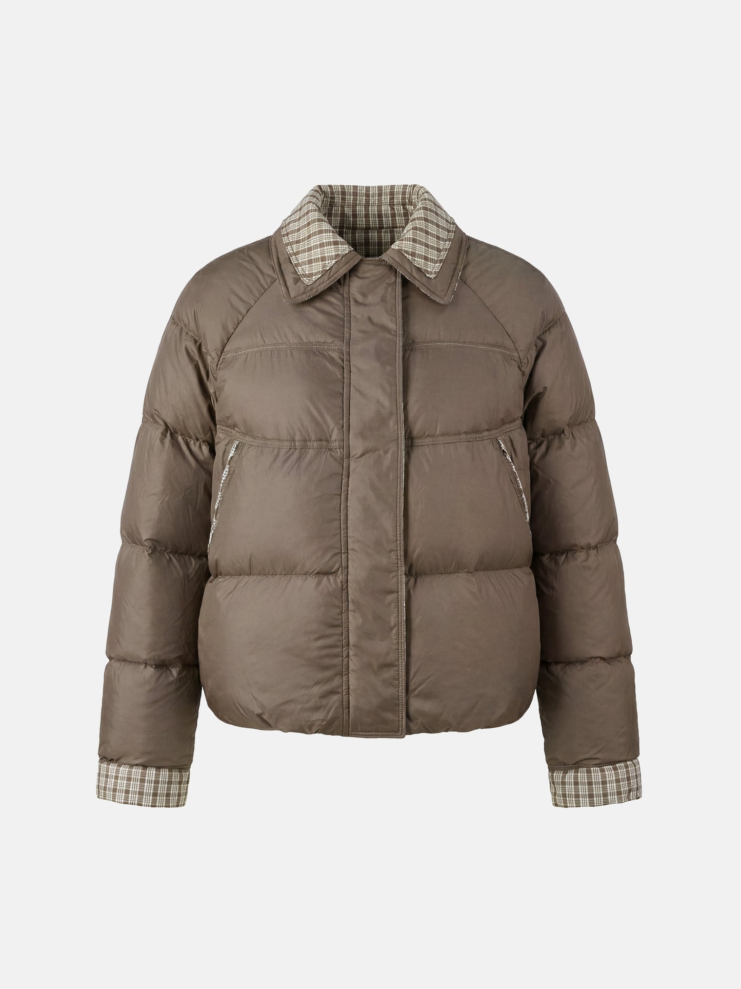 SELVANE Reversible Checker Down Jacket, boxy puffer with cropped hem, contrast check collar and cuffs, styled for urban elegance.