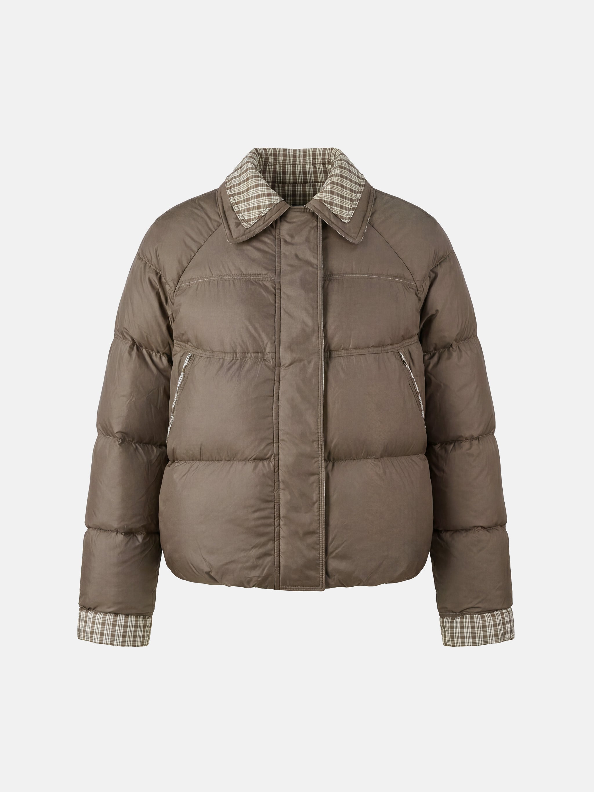 SELVANE Reversible Checker Down Jacket, boxy puffer with cropped hem, contrast check collar and cuffs, styled for urban elegance.