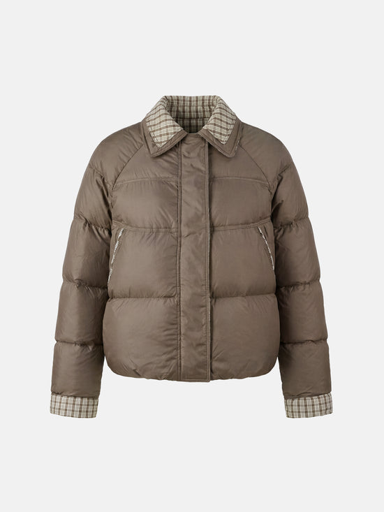 SELVANE Reversible Checker Down Jacket, boxy puffer with cropped hem, contrast check collar and cuffs, styled for urban elegance.