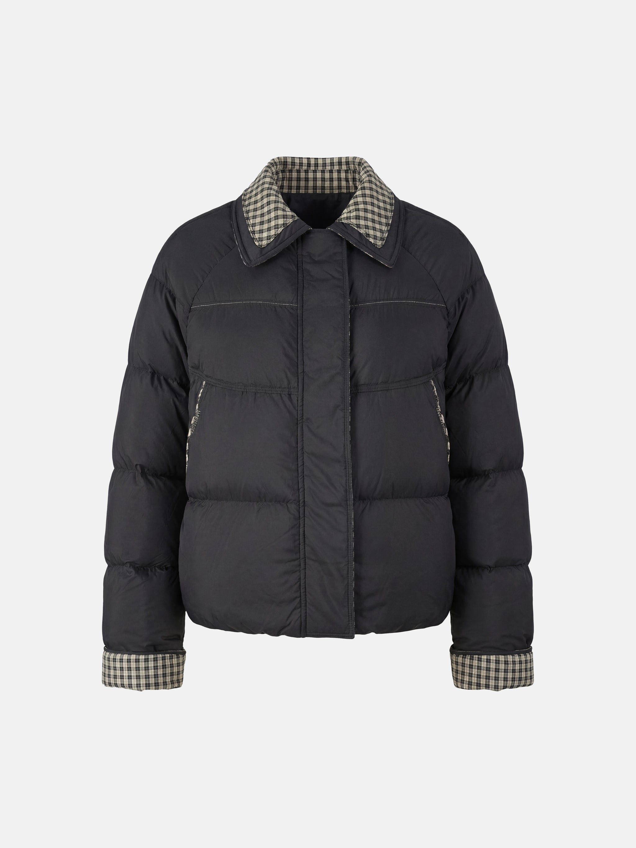 SELVANE Reversible Checker Down Jacket, boxy puffer with cropped hem, contrast check collar and cuffs, styled for urban elegance.