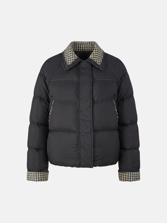 SELVANE Reversible Checker Down Jacket, boxy puffer with cropped hem, contrast check collar and cuffs, styled for urban elegance.