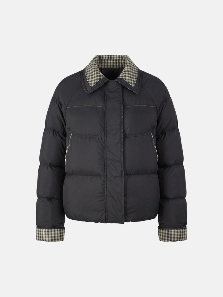 SELVANE Reversible Checker Down Jacket, boxy puffer with cropped hem, contrast check collar and cuffs, styled for urban elegance.