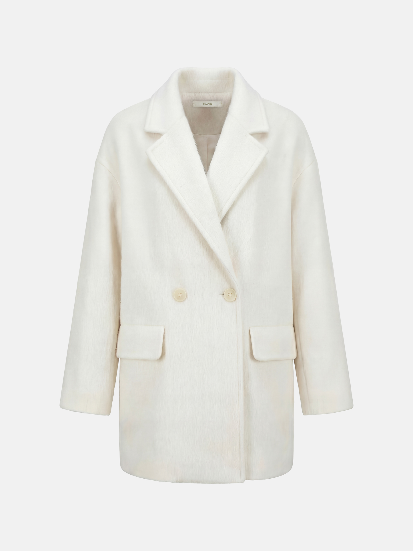SELVANE Soft-Texture Double-Breasted Coat in a rich, brushed wool-cashmere blend, featuring a clean notch lapel and relaxed volume.