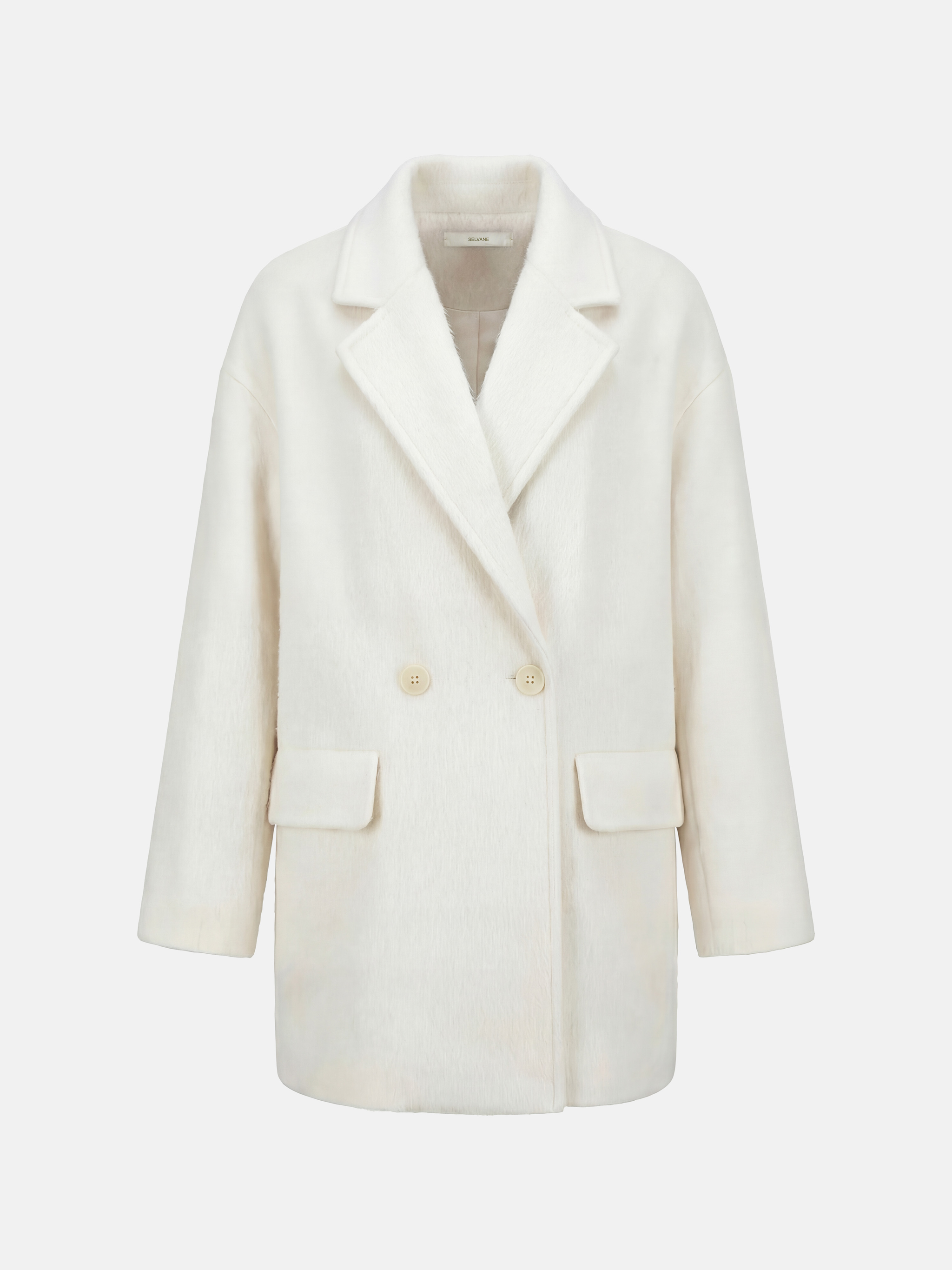 SELVANE Soft-Texture Double-Breasted Coat in a rich, brushed wool-cashmere blend, featuring a clean notch lapel and relaxed volume.