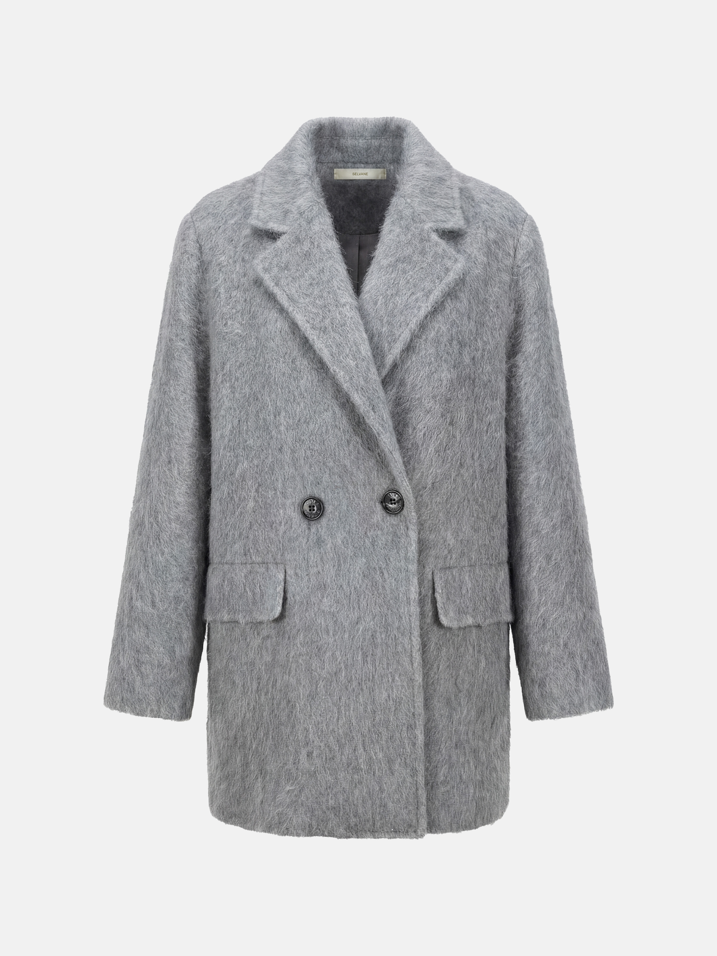 SELVANE Soft-Texture Double-Breasted Coat in a rich, brushed wool-cashmere blend, featuring a clean notch lapel and relaxed volume.