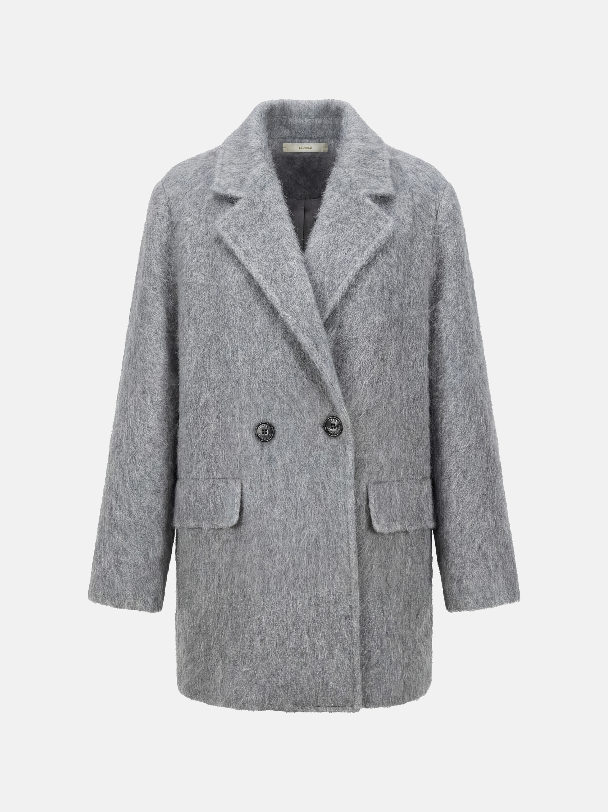SELVANE Soft-Texture Double-Breasted Coat in a rich, brushed wool-cashmere blend, featuring a clean notch lapel and relaxed volume.