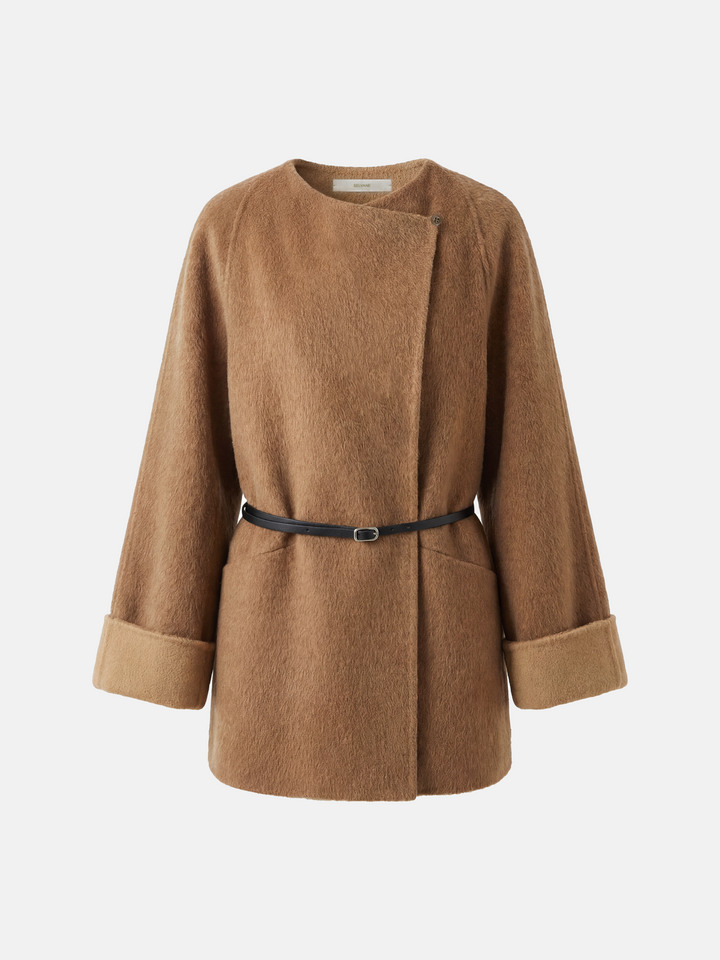SELVANE Camelhair Collarless Belted Coat, hip-length, with turned-back cuffs, cinched at waist, on a model.