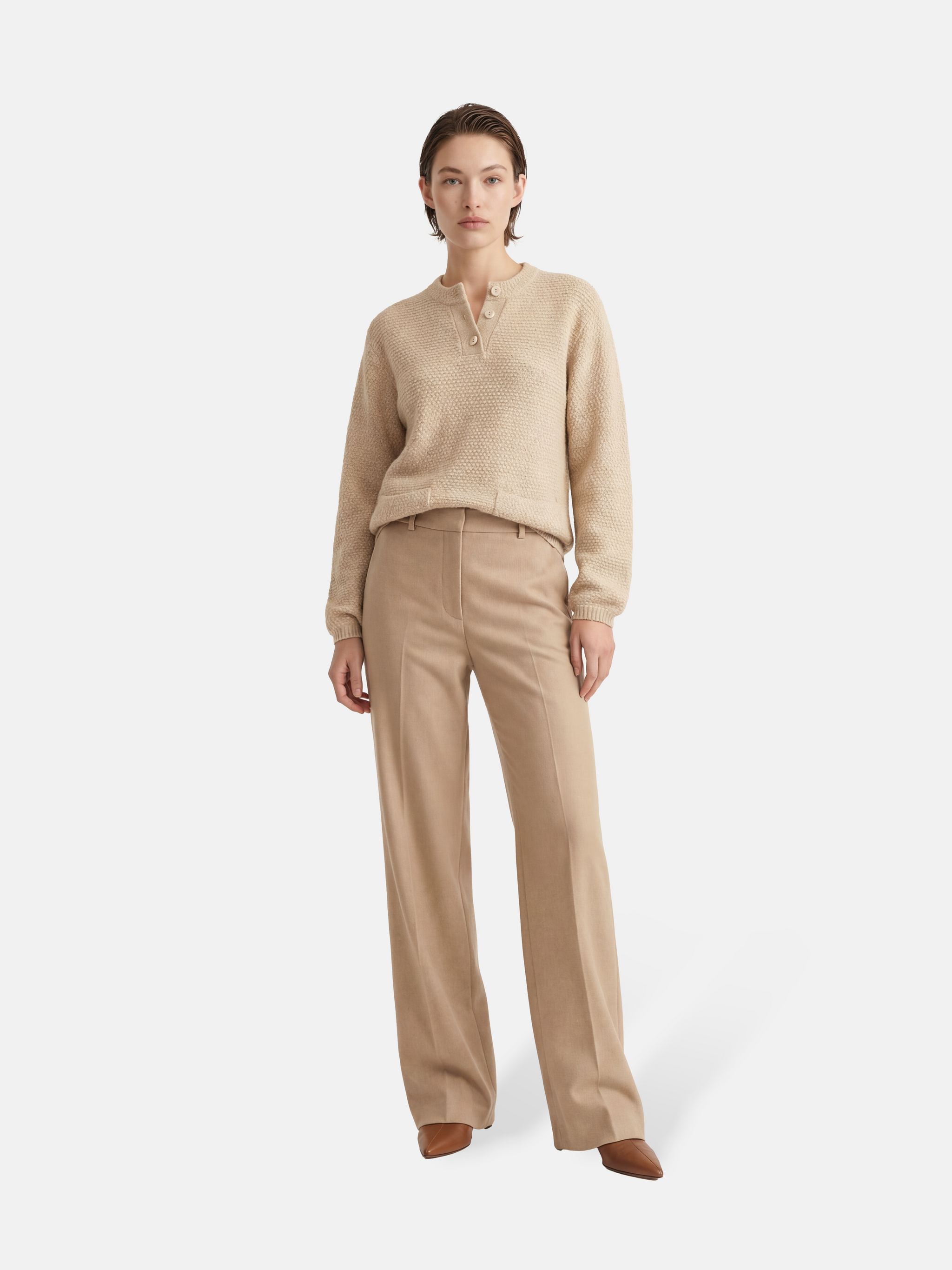 SELVANE Cashmere Textured Henley Sweater in a relaxed fit, featuring a clean round neck, subtle button placket, and visible pebbled texture, designed for calm daily wear.