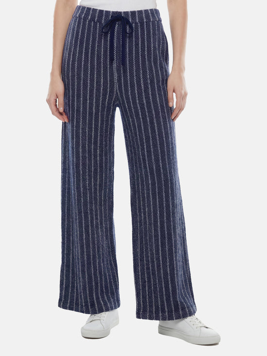 Full-length navy striped cashmere drawstring trousers with a relaxed, straight leg, shown draped cleanly.
