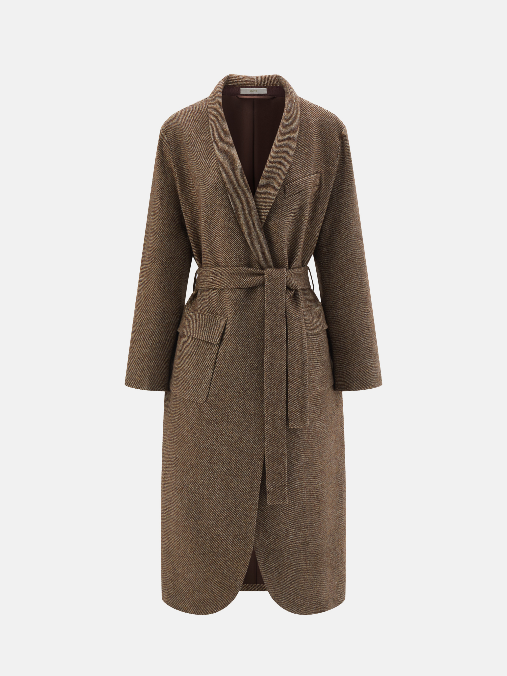 SELVANE Herringbone Belted Wool-Silk Long Coat in quiet khaki, featuring a shawl neckline and self-tie belt, shown in fluid motion.