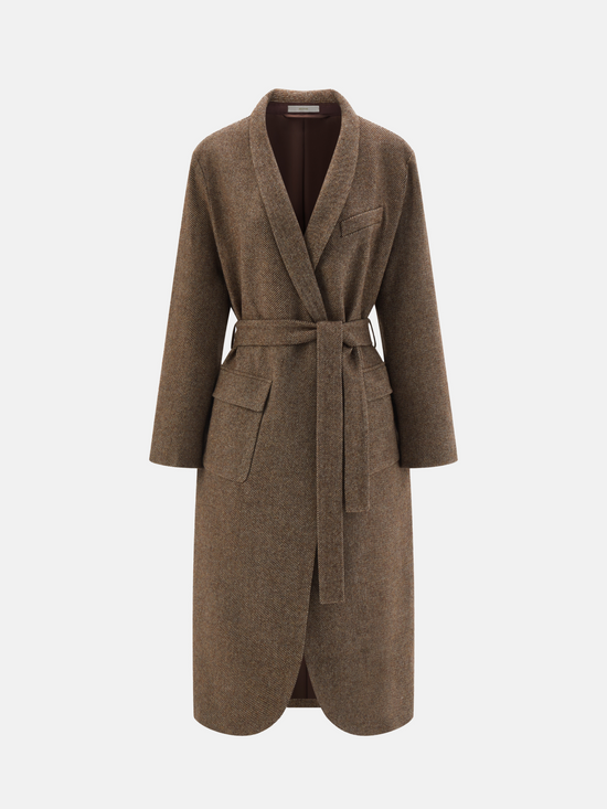 SELVANE Herringbone Belted Wool-Silk Long Coat in quiet khaki, featuring a shawl neckline and self-tie belt, shown in fluid motion.