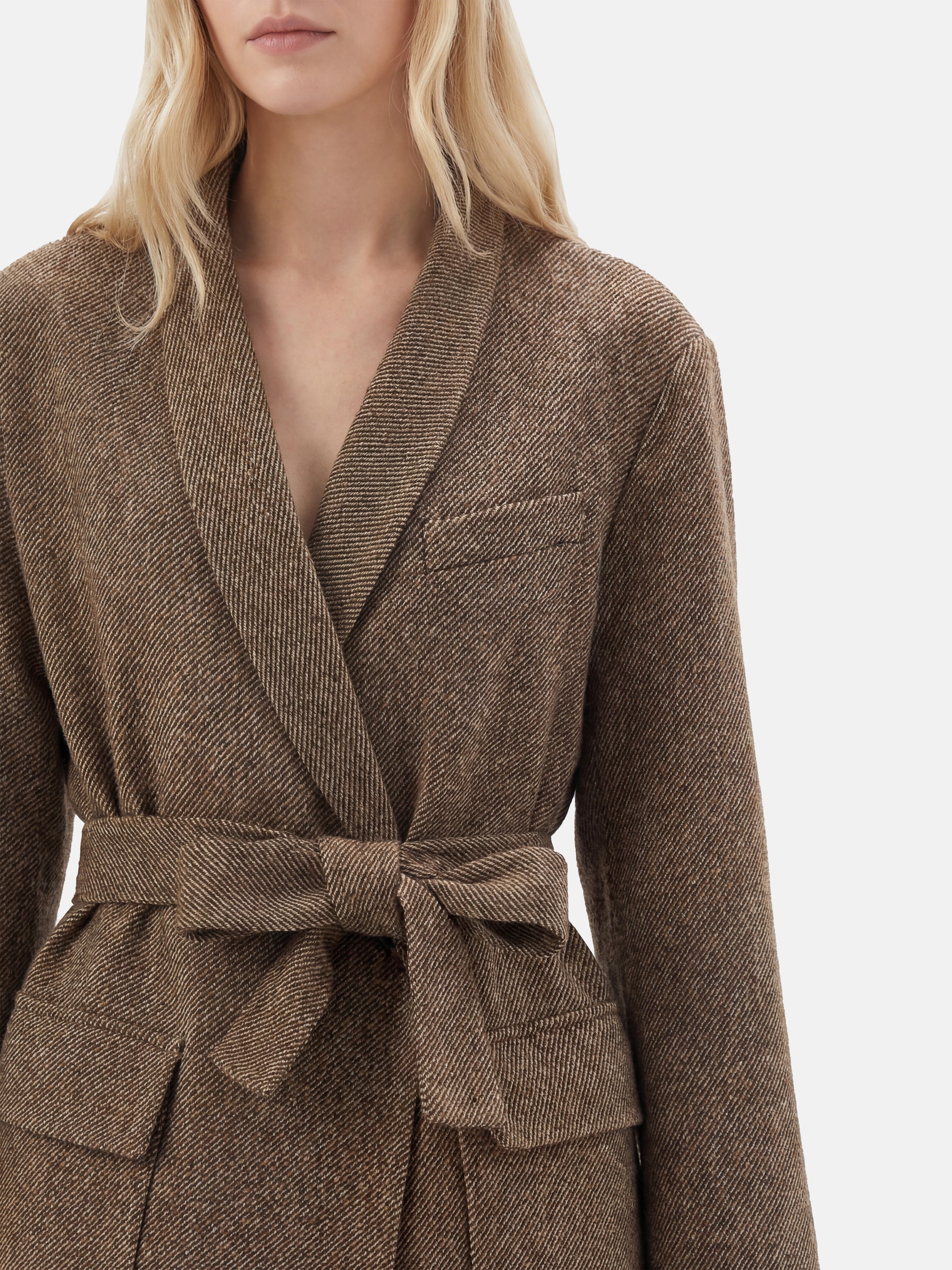 SELVANE Herringbone Belted Wool-Silk Long Coat in quiet khaki, featuring a shawl neckline and self-tie belt, shown in fluid motion.