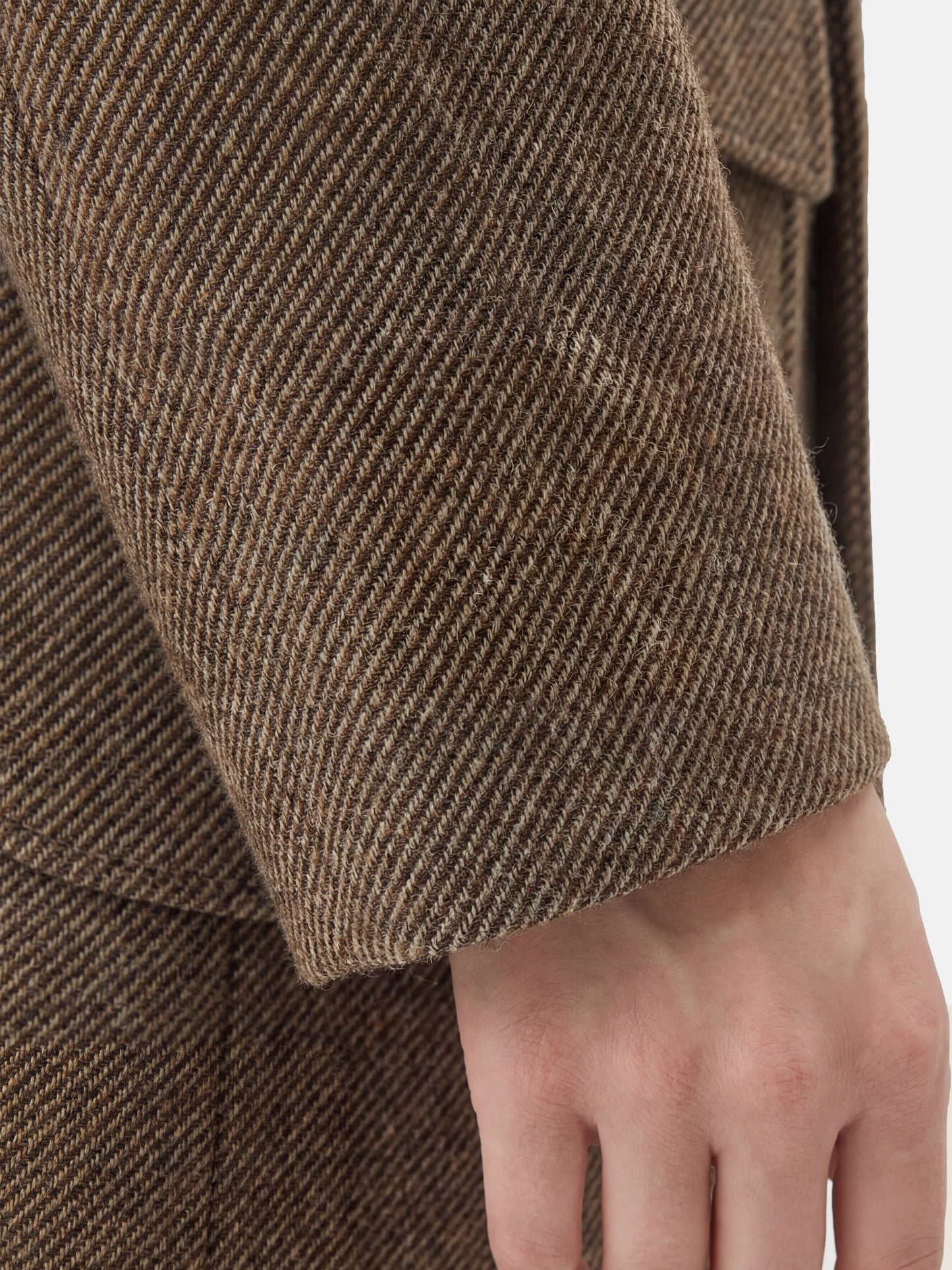 SELVANE Herringbone Belted Wool-Silk Long Coat in quiet khaki, featuring a shawl neckline and self-tie belt, shown in fluid motion.