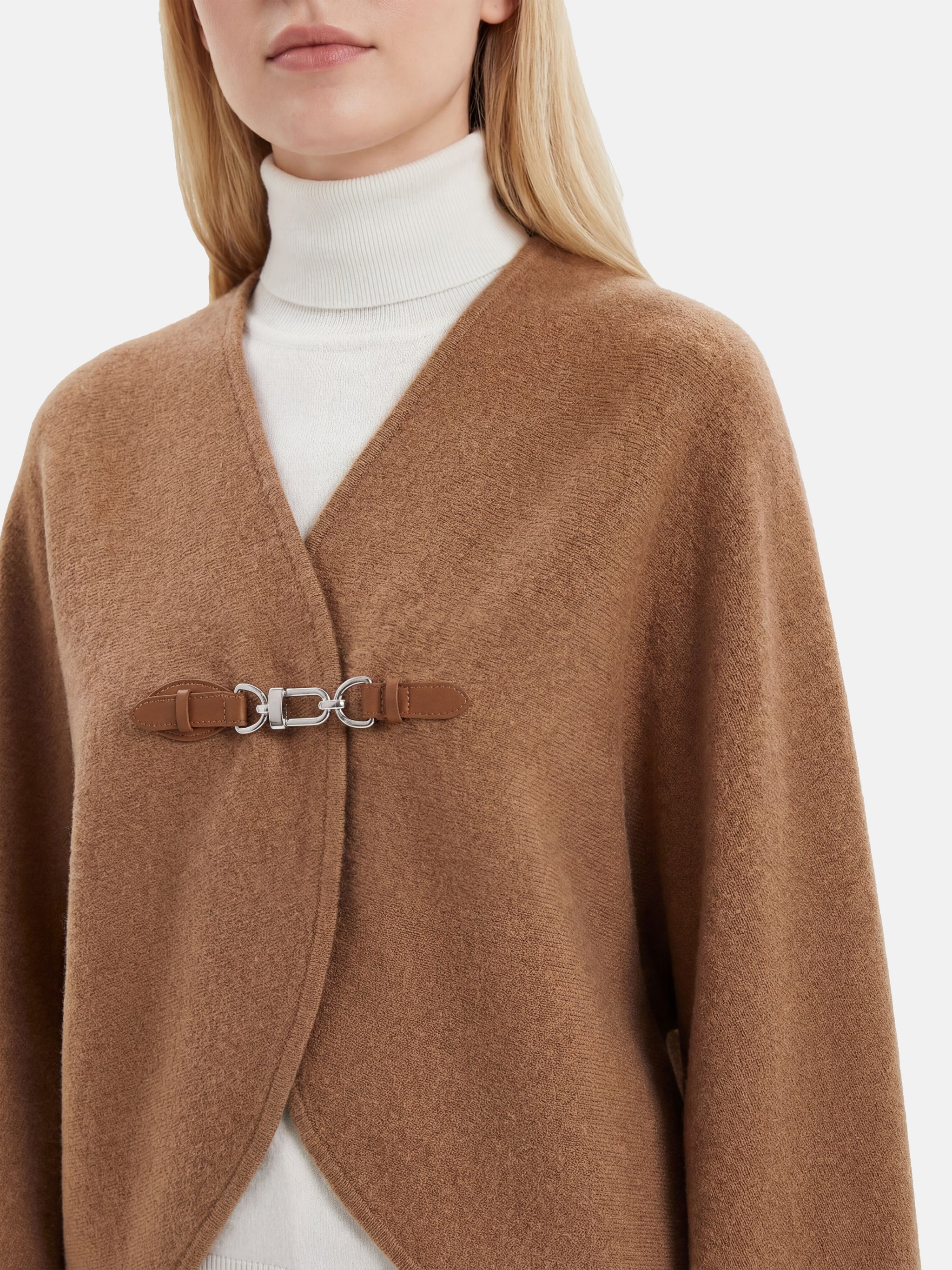 SELVANE Buckled Cape-Style Wool Jacket in khaki, featuring a dramatic cape drape and a single waist buckle.