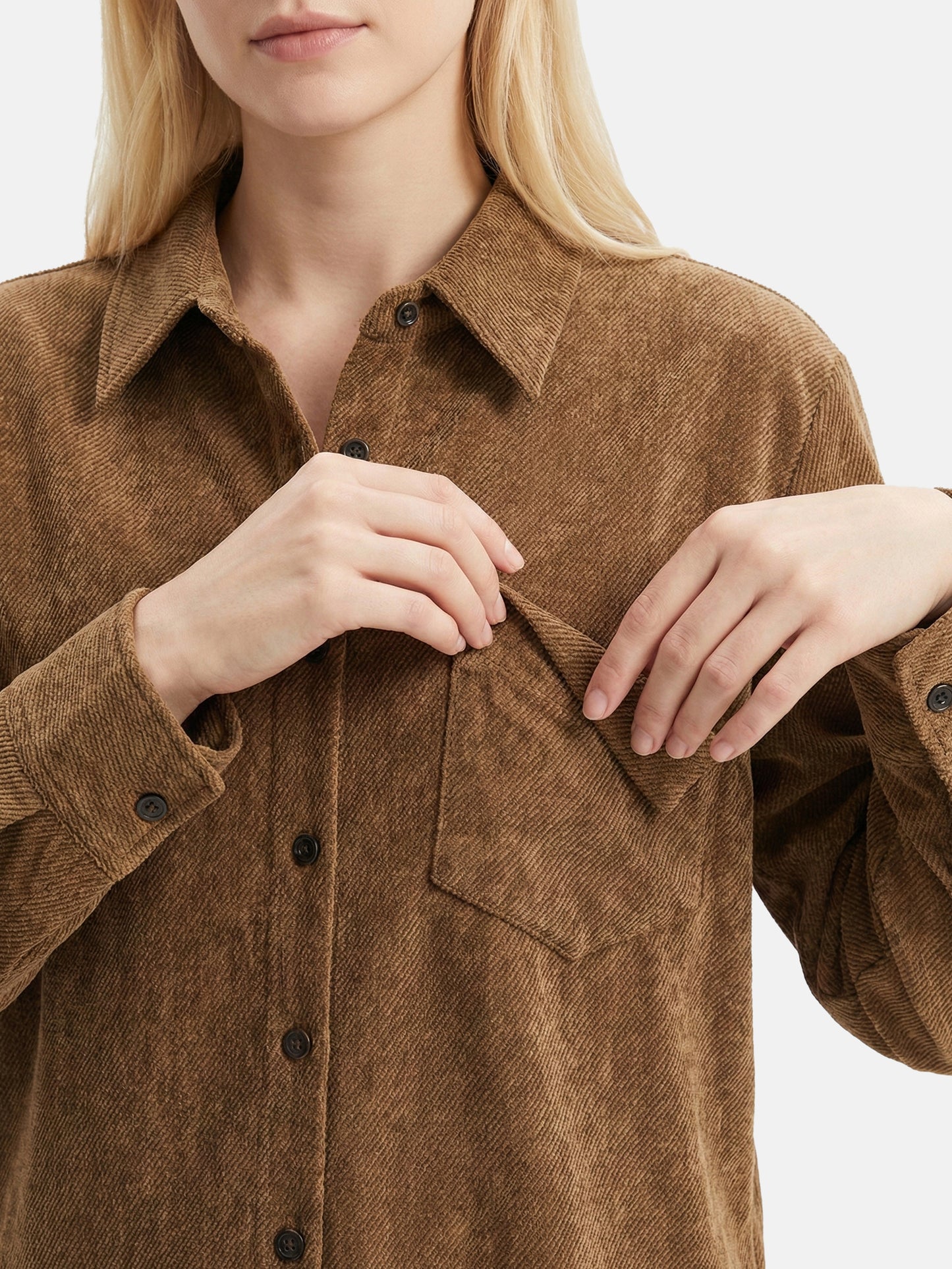 SELVANE khaki textured button-down shirt, tailored with a straight drape and subtle dimensional weave, featuring mother-of-pearl buttons.