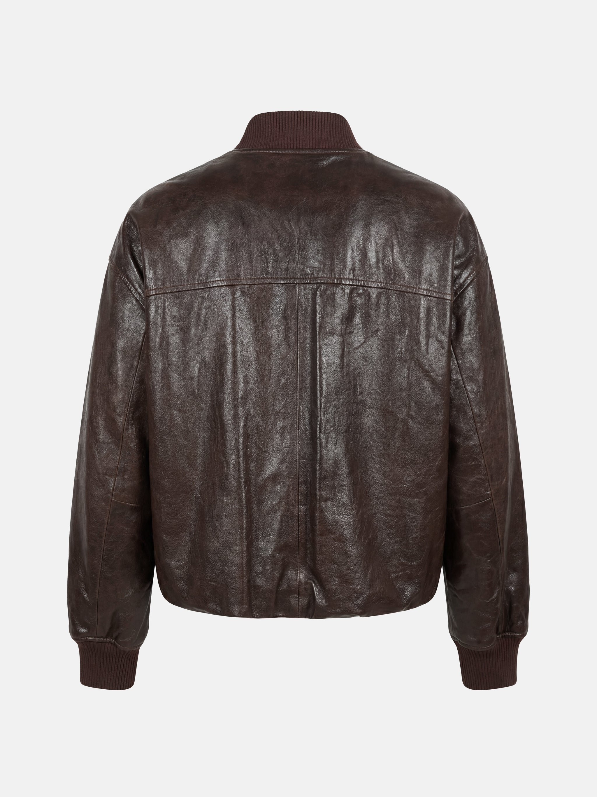 SELVANE men's lamb leather bomber jacket in black, featuring ribbed collar, cuffs, and hem, with a clean zip-front design.