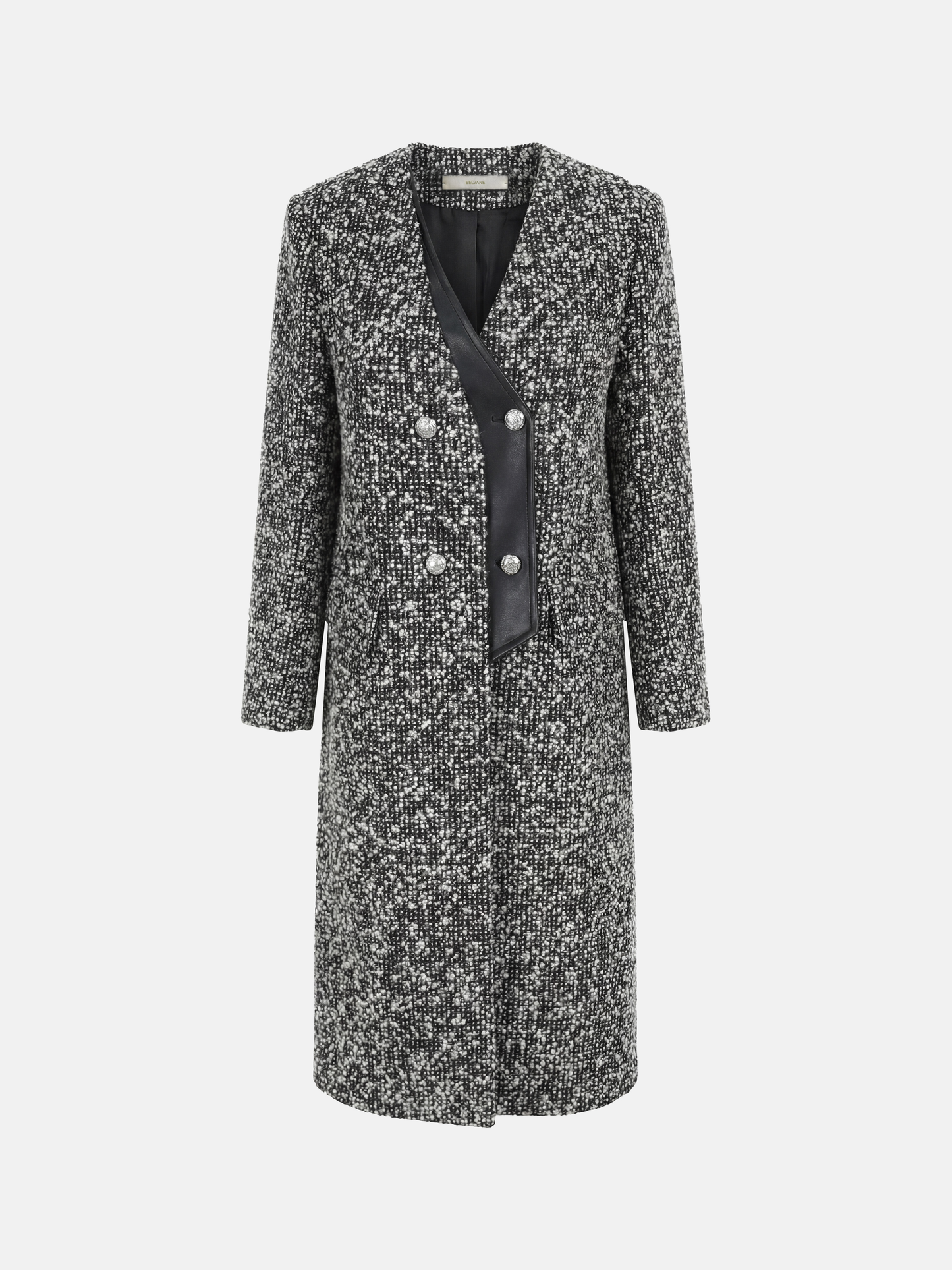 SELVANE Herringbone Wool-Blend Coat, long streamlined silhouette, V-neck, wrap-front, sculpted waist, monochrome herringbone, contrast placket.