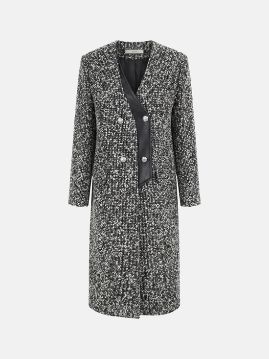 SELVANE Herringbone Wool-Blend Coat, long streamlined silhouette, V-neck, wrap-front, sculpted waist, monochrome herringbone, contrast placket.
