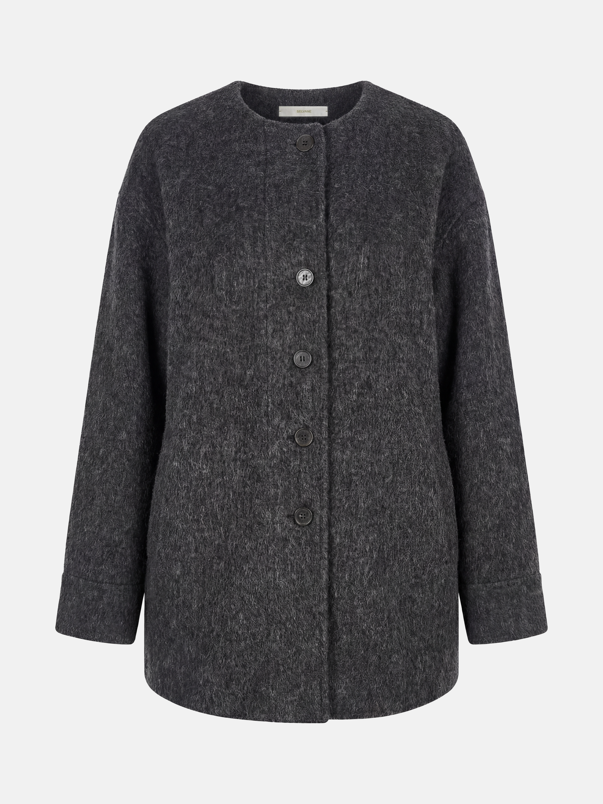 Beige wool and camel hair buttoned coat by SELVANE, featuring a rounded neck and minimal buttons, draped elegantly.