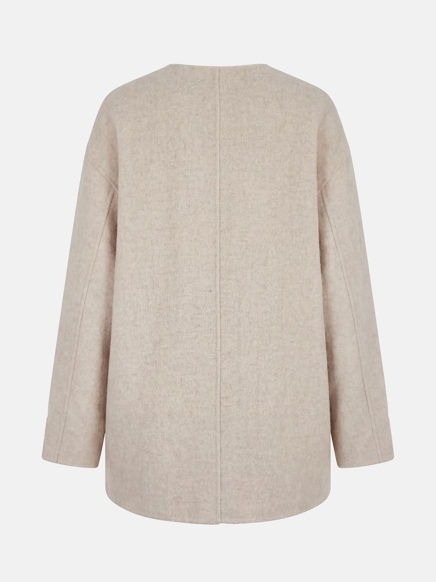 Beige wool and camel hair buttoned coat by SELVANE, featuring a rounded neck and minimal buttons, draped elegantly.