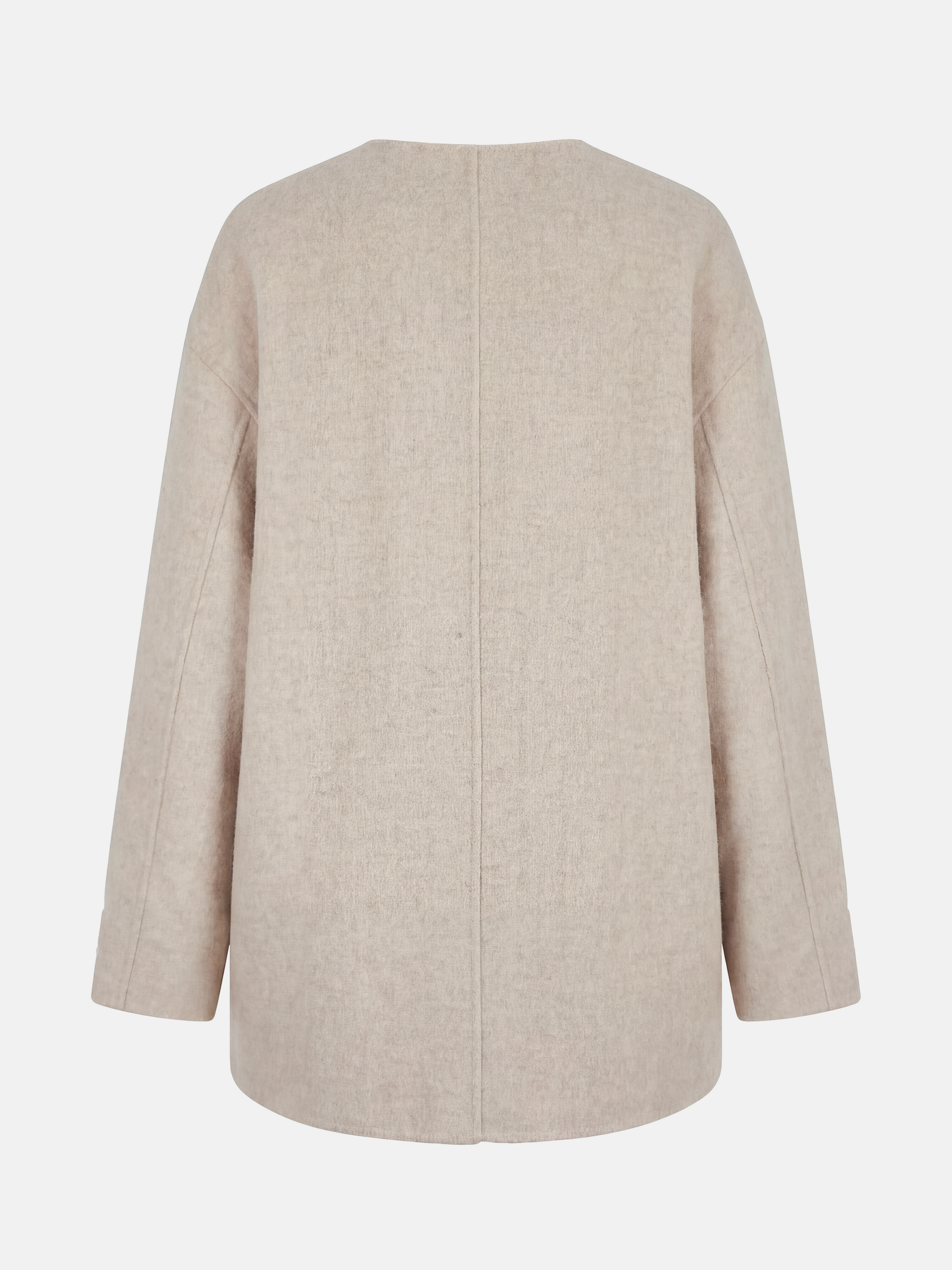 Beige wool and camel hair buttoned coat by SELVANE, featuring a rounded neck and minimal buttons, draped elegantly.