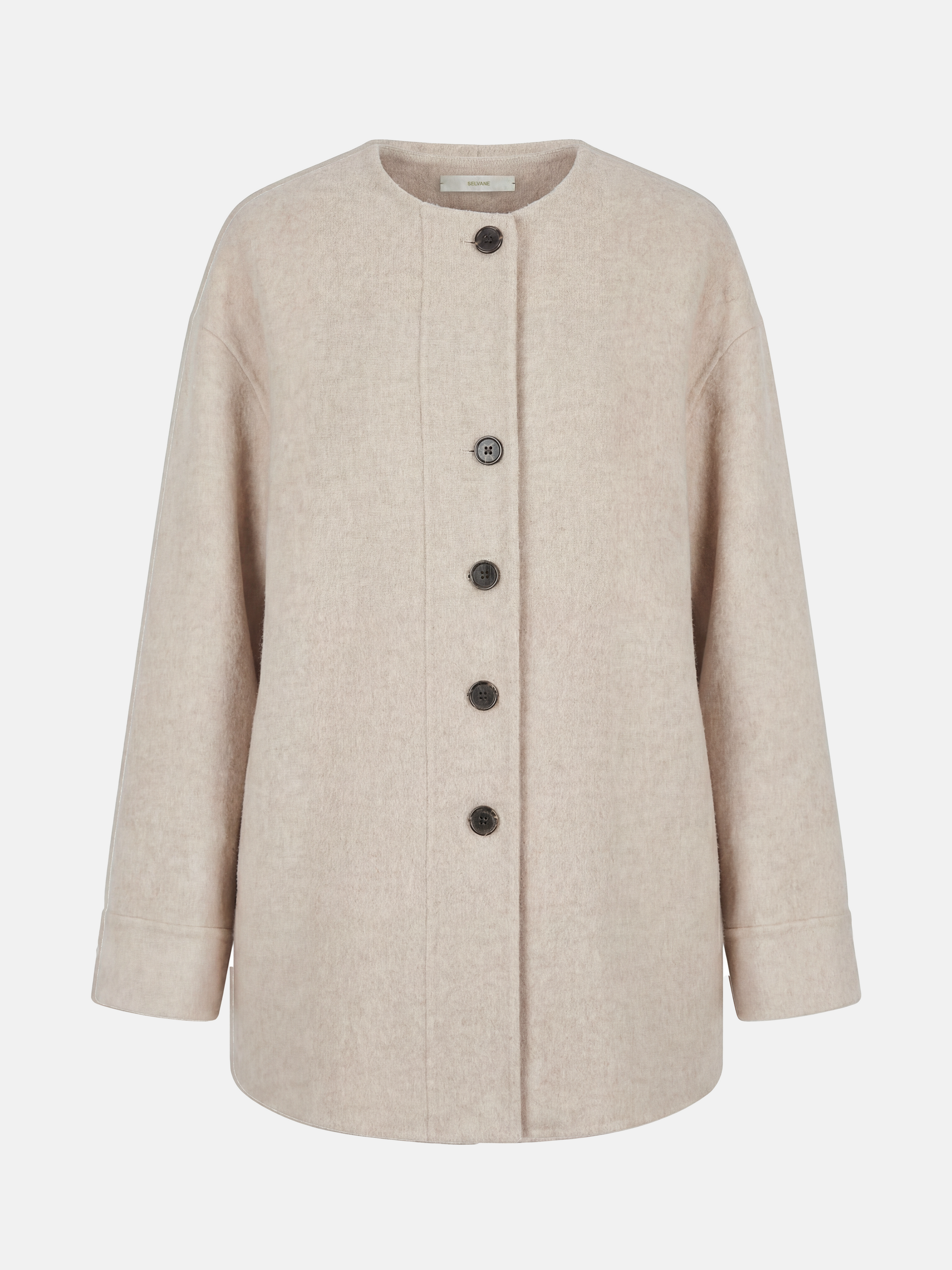 Beige wool and camel hair buttoned coat by SELVANE, featuring a rounded neck and minimal buttons, draped elegantly.