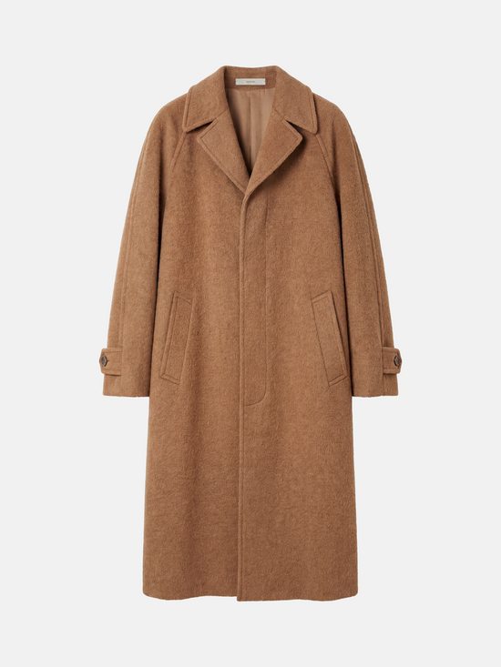 SELVANE Camel Wool-Alpaca Raglan Coat, knee-length, straight silhouette, sharp collar, rich camel color.
