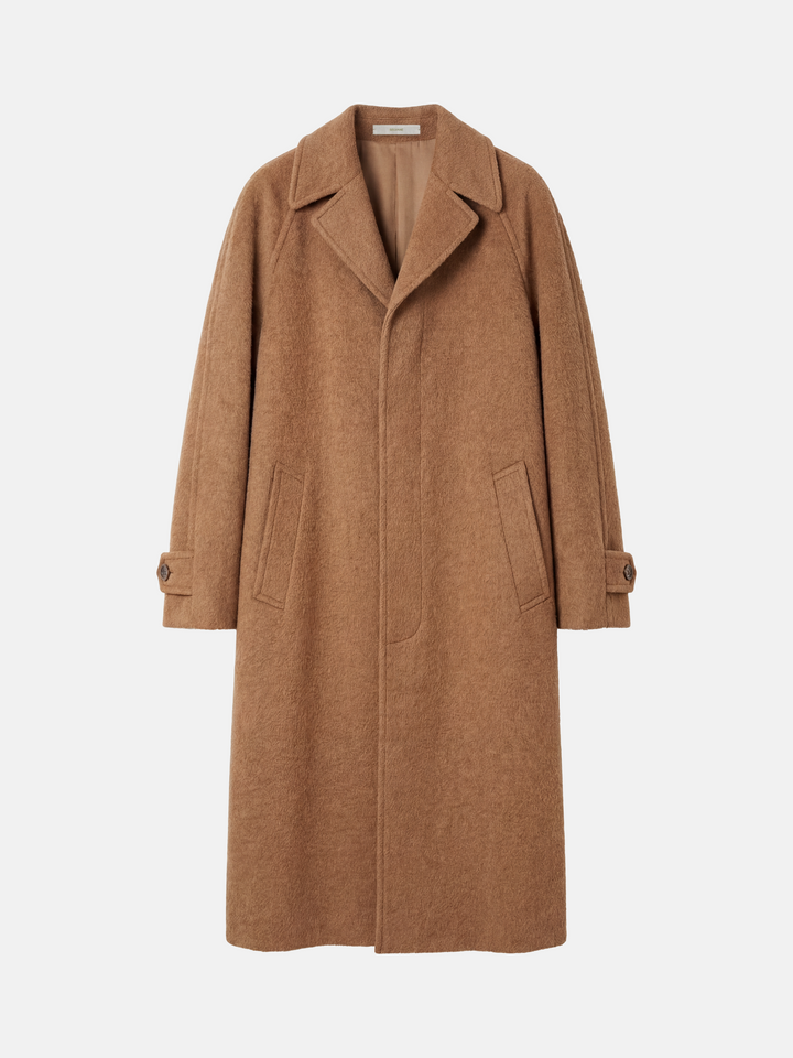 SELVANE Camel Wool-Alpaca Raglan Coat, knee-length, straight silhouette, sharp collar, rich camel color.
