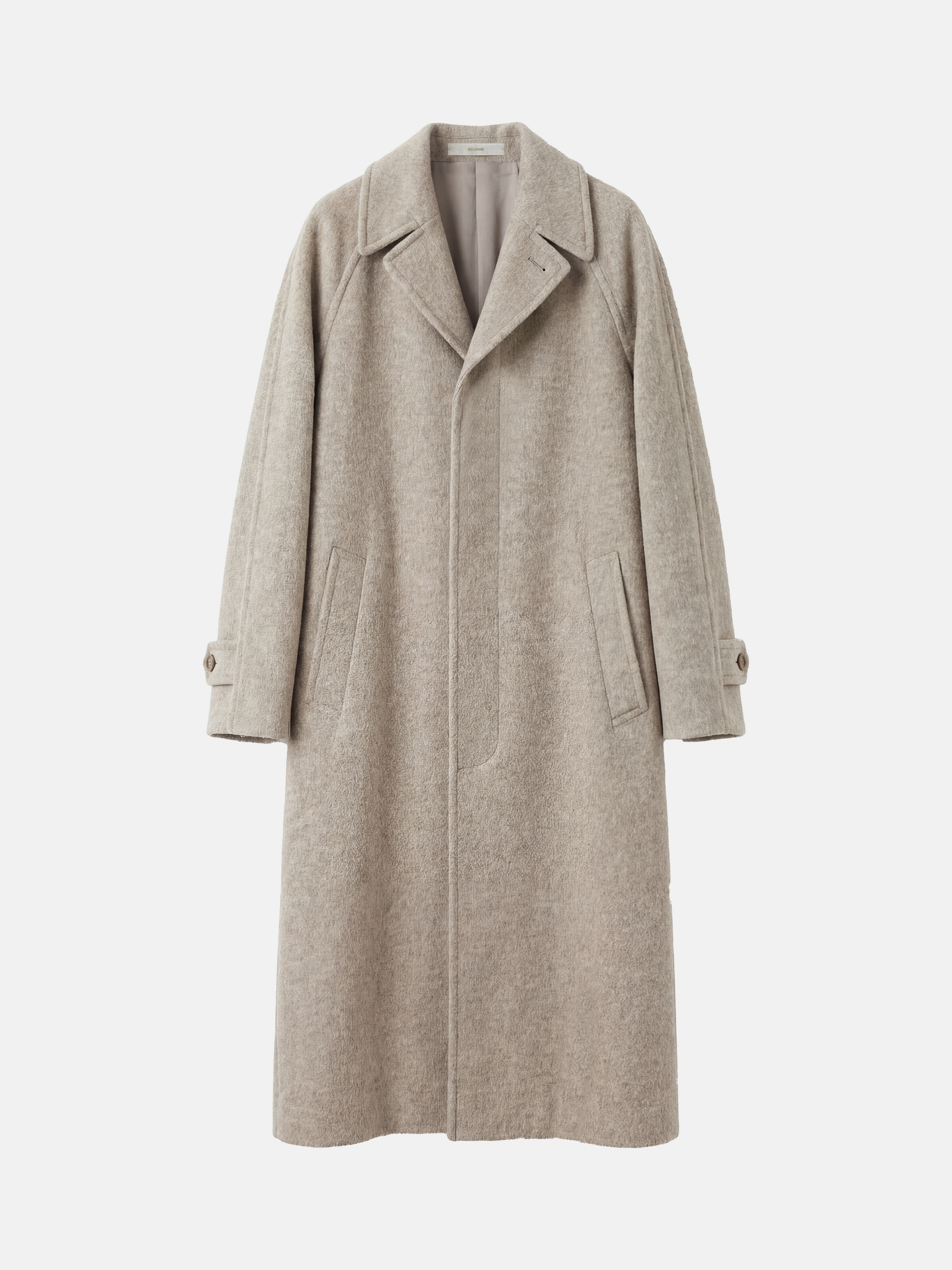 SELVANE Camel Wool-Alpaca Raglan Coat, knee-length, straight silhouette, sharp collar, rich camel color.
