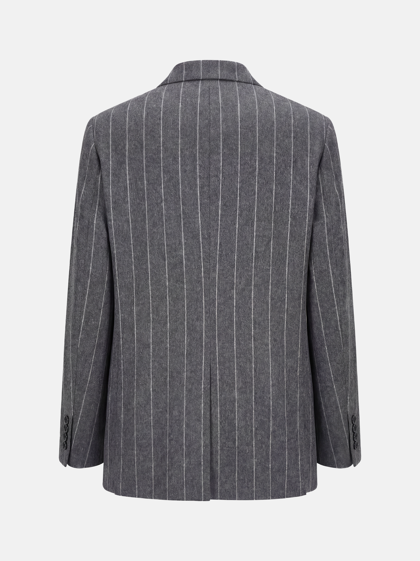 SELVANE Pinstripe Wool Scarf-Collar Blazer, featuring sharp vertical lines and an integrated wrap-neck for a composed, refined silhouette.