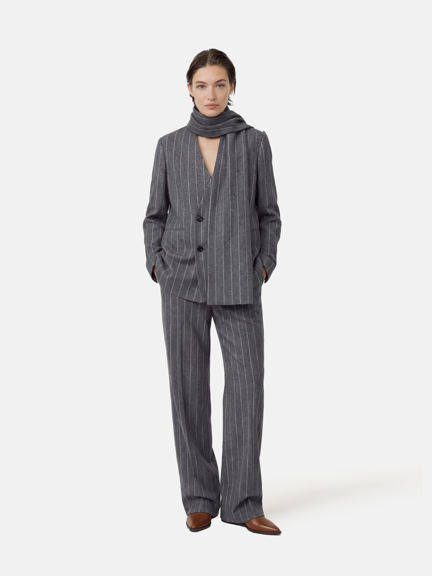 SELVANE Pinstripe Wool Scarf-Collar Blazer, featuring sharp vertical lines and an integrated wrap-neck for a composed, refined silhouette.