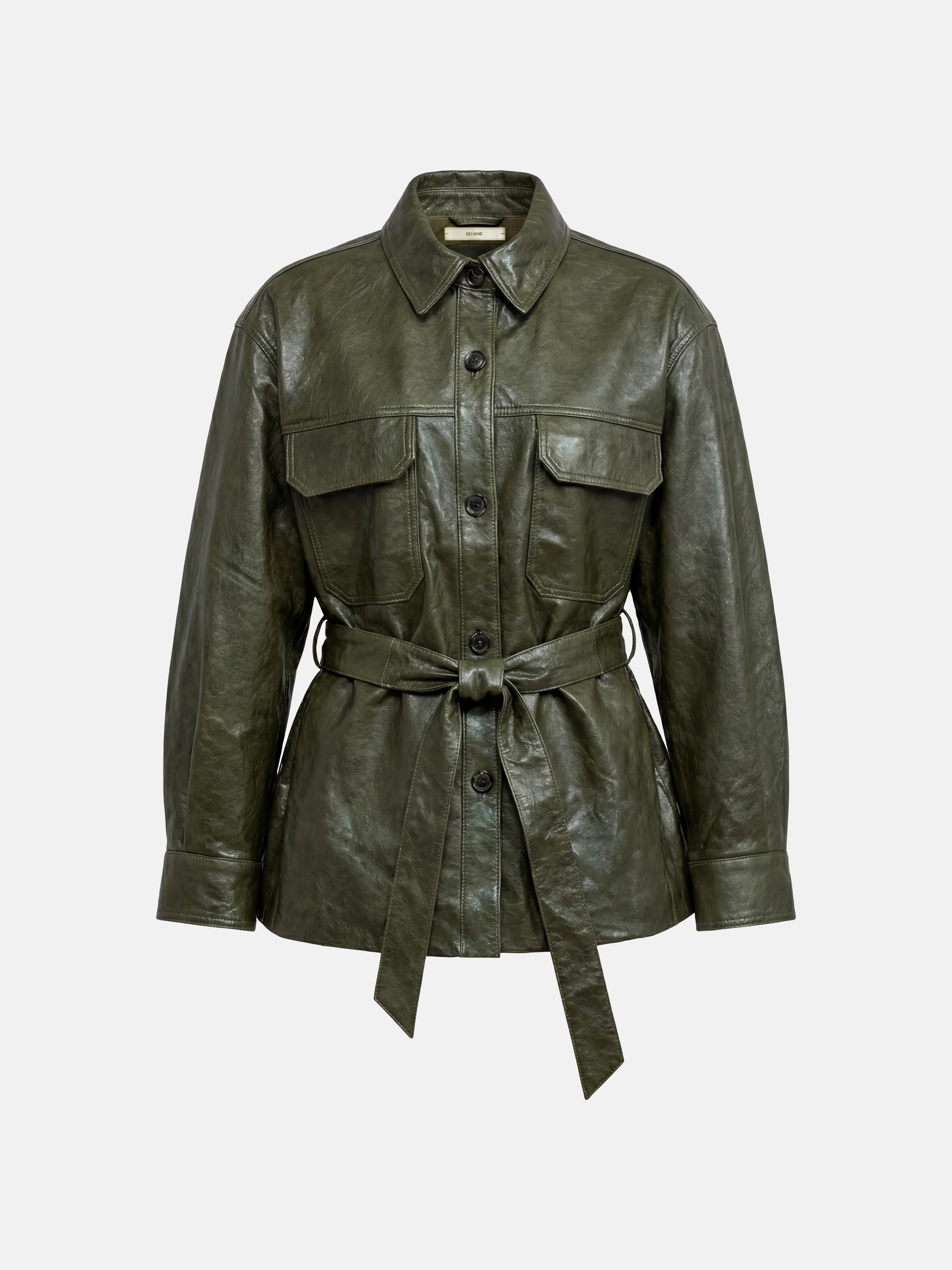 SELVANE Olive Lambskin Belted Shirt Jacket — view 8, showcasing material texture and silhouette detail